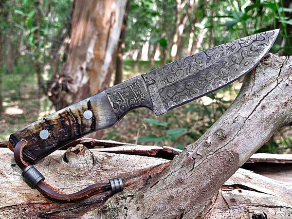 Custom Handmade Damascus Steel Fixed Blade Knife | Leather Sheath | Wooden Handle - Image 3