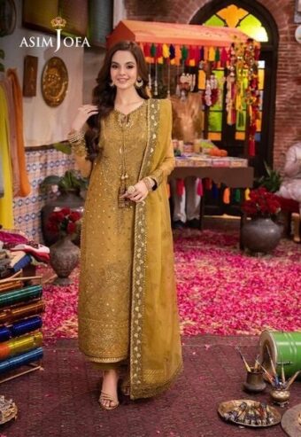Asim Jofa Organza Dresses Collection: Gold Organza Shirt & Dupatta Pakistani Salwar Kameez Wedding India Party Wear Dress