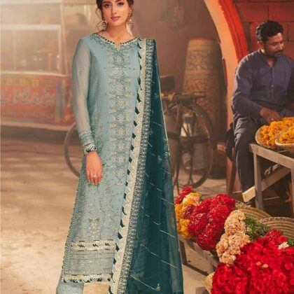 Asim Jofa Unstitched Aquamarine Chiffon Suite | Pakistani Indian Salwar Kameez Designer Eid Wear & Formal Party Wear