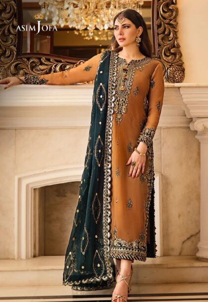Asim Jofa Collection Gold Unstitched Suit - Elegant Embroidered Fabric for Stylish Traditional Wear & Crafting Projects