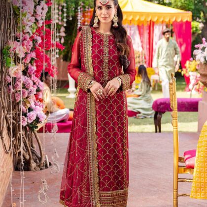 Asim Jofa Red Embroidered Chiffon Suit | Elegant Ethnic Wear | Party Wear Salwar Kameez for Women