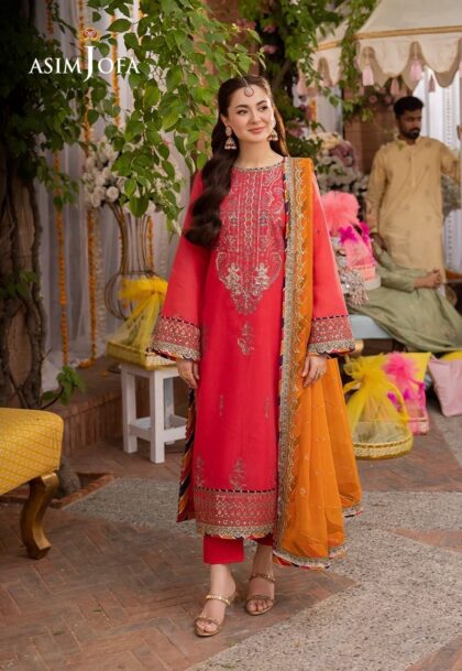 Asim Jofa Pink Embroidered Paper Cotton Suit | Jag Mag Collection - Elegant & Stylish Women's Attire