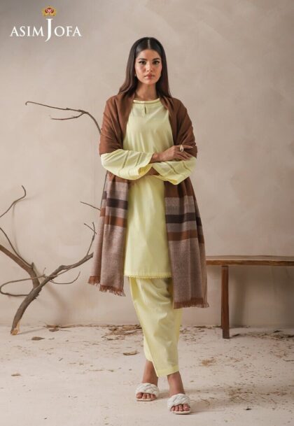 Asim Jofa Striped Border Yarn Dyed Stole Shawl Wrap, Pakistani Winter Stole