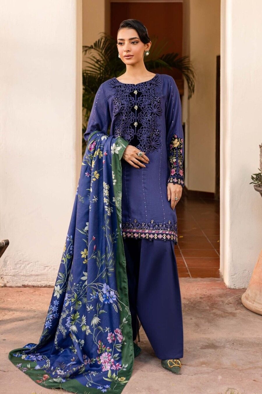 Maria B Embroidered Linen Blue Pakistani Shalwar Kameez, Wedding & Party Dress - Image 4