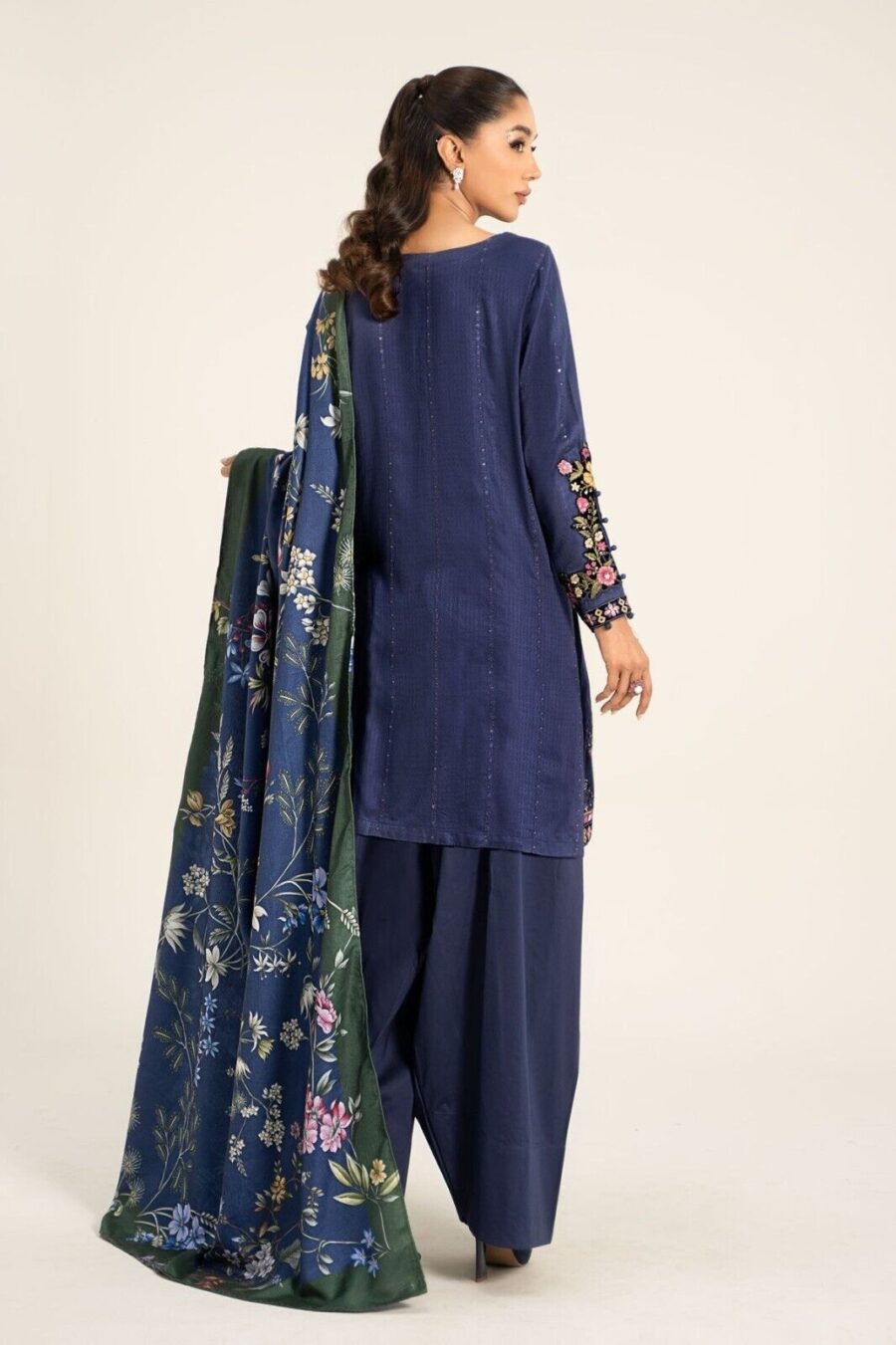 Maria B Embroidered Linen Blue Pakistani Shalwar Kameez, Wedding & Party Dress - Image 5
