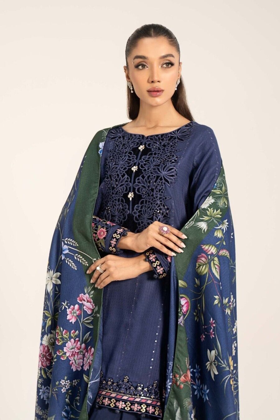 Maria B Embroidered Linen Blue Pakistani Shalwar Kameez, Wedding & Party Dress - Image 6