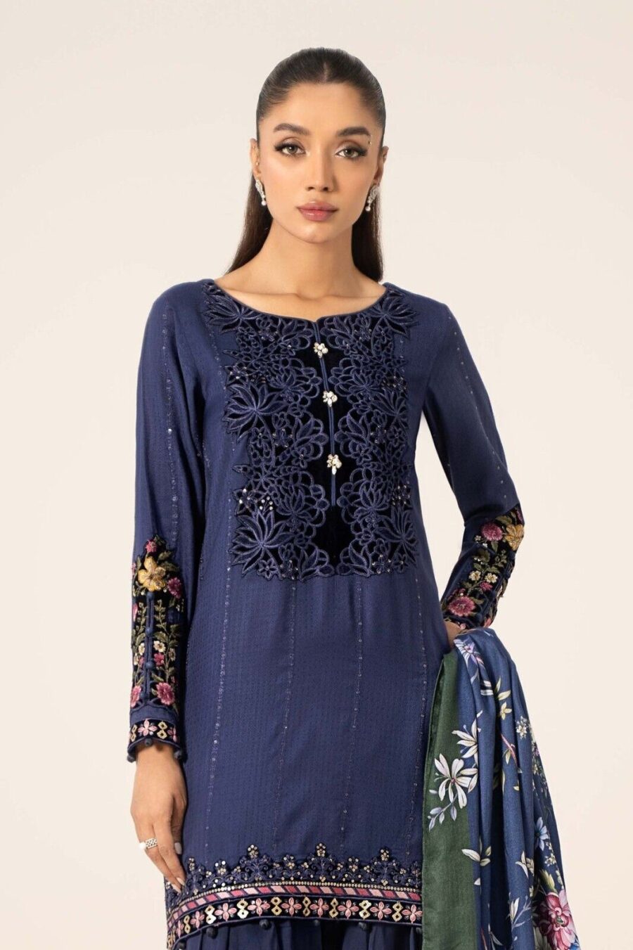 Maria B Embroidered Linen Blue Pakistani Shalwar Kameez, Wedding & Party Dress - Image 7