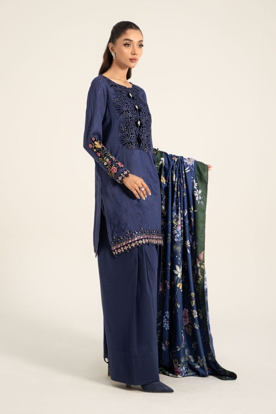 Maria B Embroidered Linen Blue Pakistani Shalwar Kameez, Wedding & Party Dress - Image 9