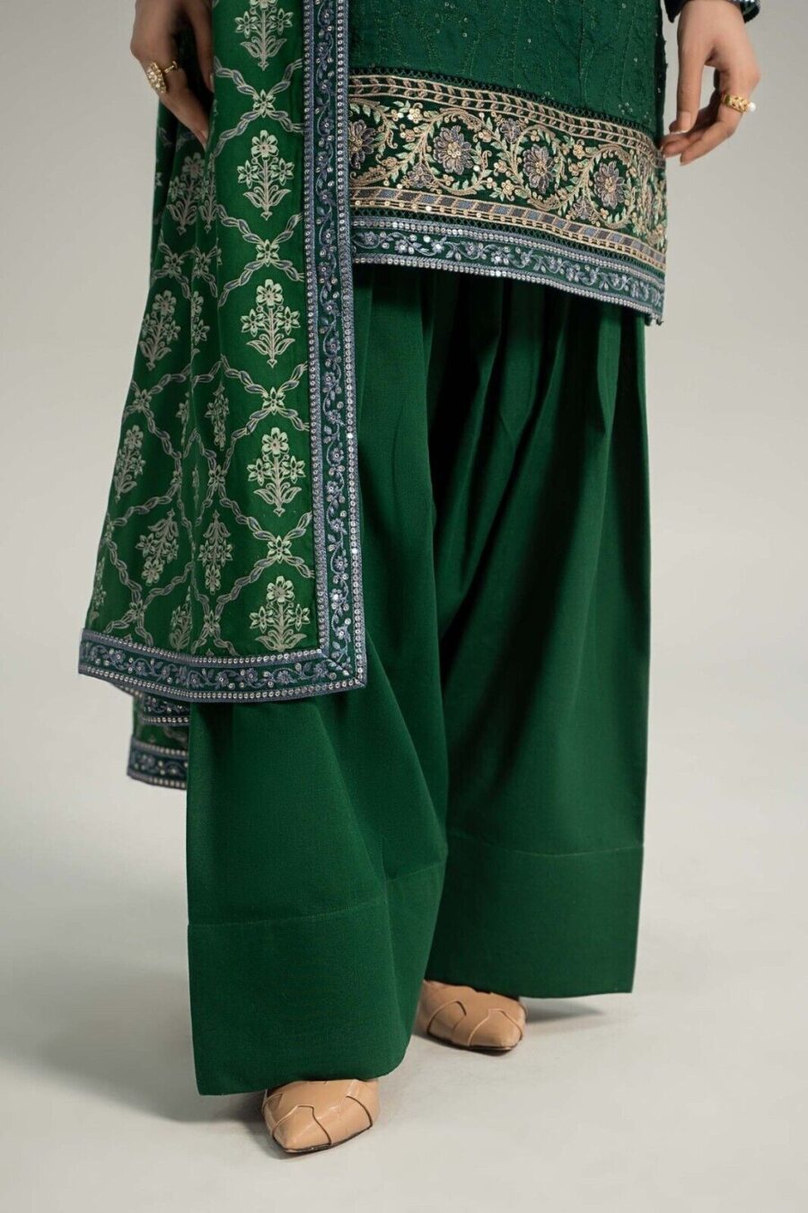 Maria B Embroidered Khaddar Green Dress, Pakistani Indian Shalwar Kameez - Image 3