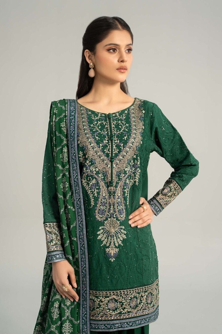 Maria B Embroidered Khaddar Green Dress, Pakistani Indian Shalwar Kameez - Image 4
