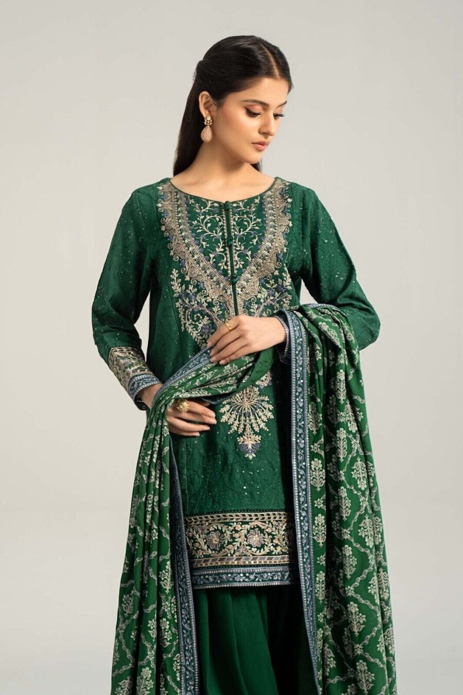 Maria B Embroidered Khaddar Green Dress, Pakistani Indian Shalwar Kameez - Image 5