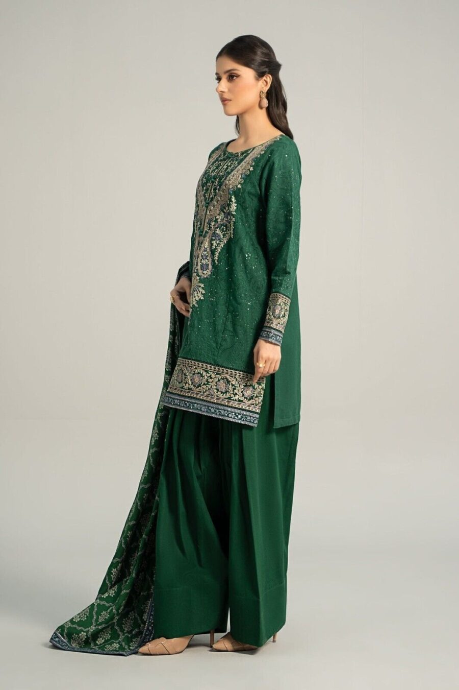 Maria B Embroidered Khaddar Green Dress, Pakistani Indian Shalwar Kameez - Image 7