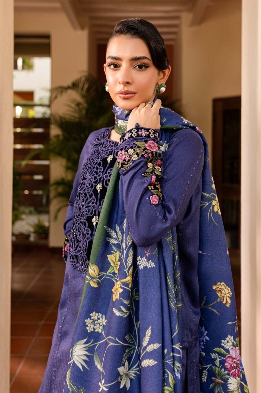 Maria B Embroidered Linen Blue Pakistani Shalwar Kameez, Wedding & Party Dress - Image 2
