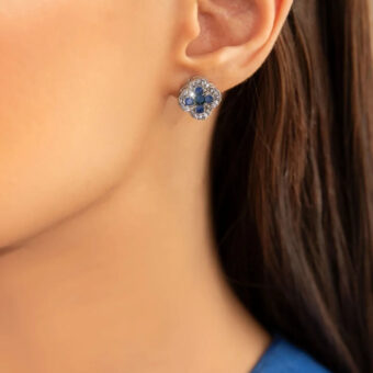 Blue Onyx & White Zircon Studs – Sterling Silver Finish with Alloy Base