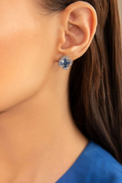 Blue Onyx & White Zircon Studs – Sterling Silver Finish with Alloy Base