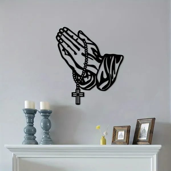 Black Metal Praying Hands Wall Art – Rosary Cross Faith Decor - Image 4