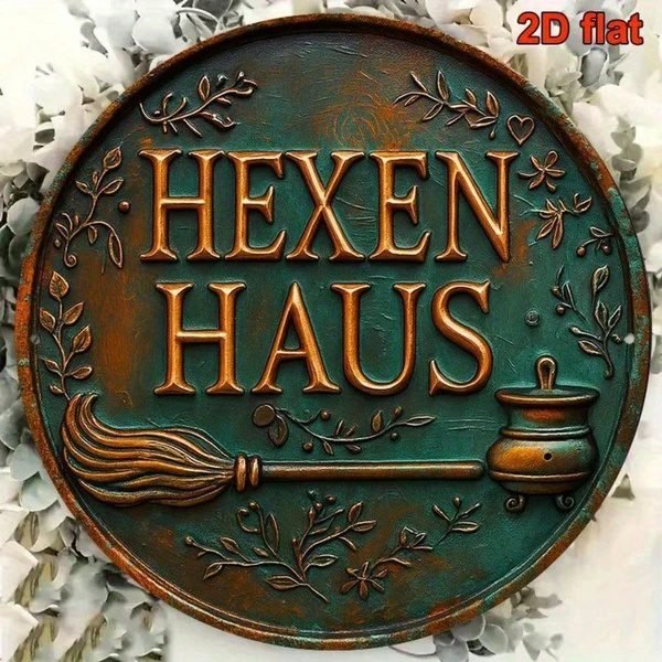Vintage Witch’s House Round Aluminum Sign – 8 Inch Gothic Halloween Wall Art - Image 2