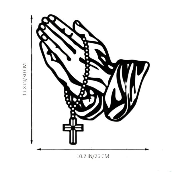 Black Metal Praying Hands Wall Art – Rosary Cross Faith Decor