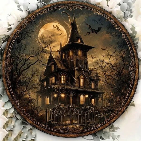 Vintage Halloween Round Tin Sign 8 Inch – Haunted House Wall Decor