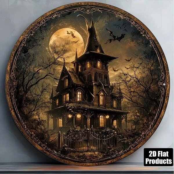Vintage Halloween Round Tin Sign 8 Inch – Haunted House Wall Decor - Image 4