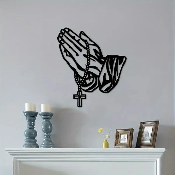 Black Metal Praying Hands Wall Art – Rosary Cross Faith Decor - Image 3