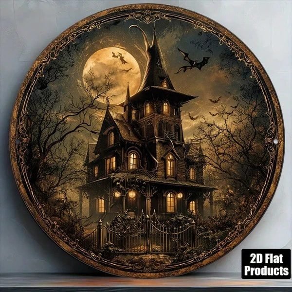 Vintage Halloween Round Tin Sign 8 Inch – Haunted House Wall Decor - Image 5