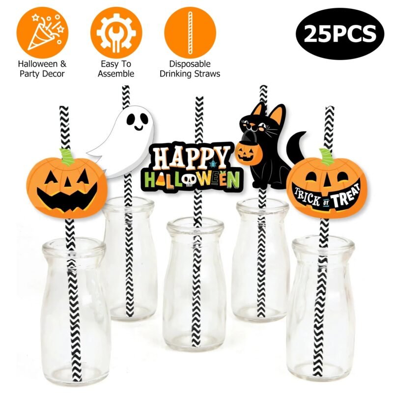 Halloween Paper Straws with Decorative Cards – 25 Pack Party Straws (Ghost, Black Cat, Lantern)