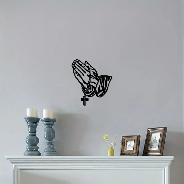 Black Metal Praying Hands Wall Art – Rosary Cross Faith Decor - Image 2